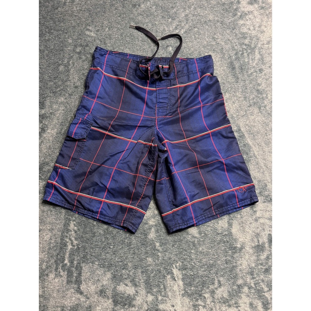 Ocean Pacific OP Men Small 28-30 Navy Blue Plaid Grid Swim Trunks Inseam 10.5